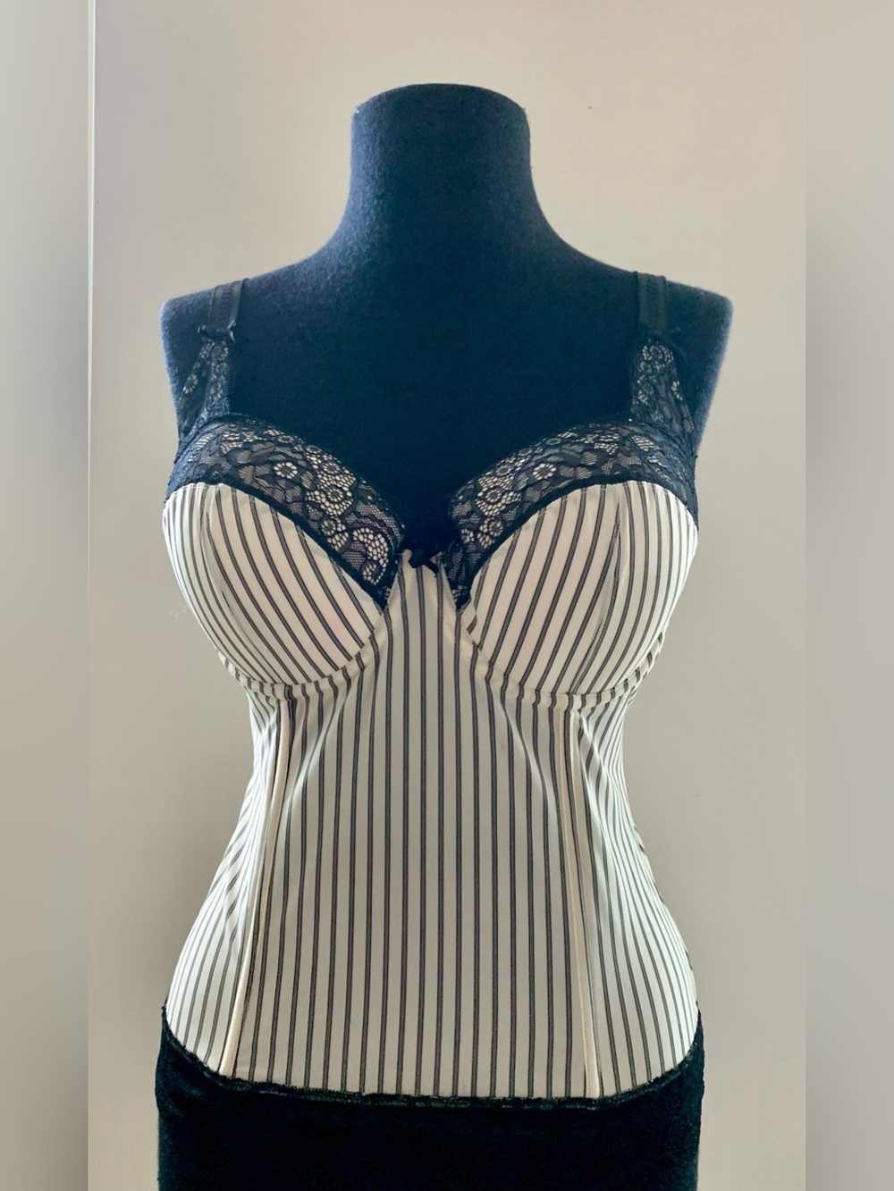 Striped Lace-Trim Bustier Corset Top in Black and White Stripe.